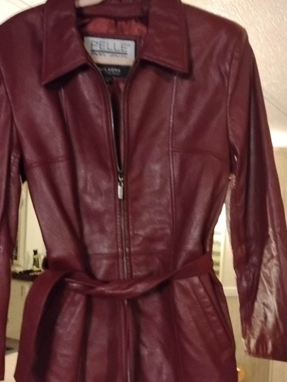 Pelle Pelle Burgundy Leather Trench with Self-Tie Belt